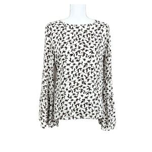 Ann Taylor White Brown & Black Leaf Design Bell Long Sleeve Blouse Size Small